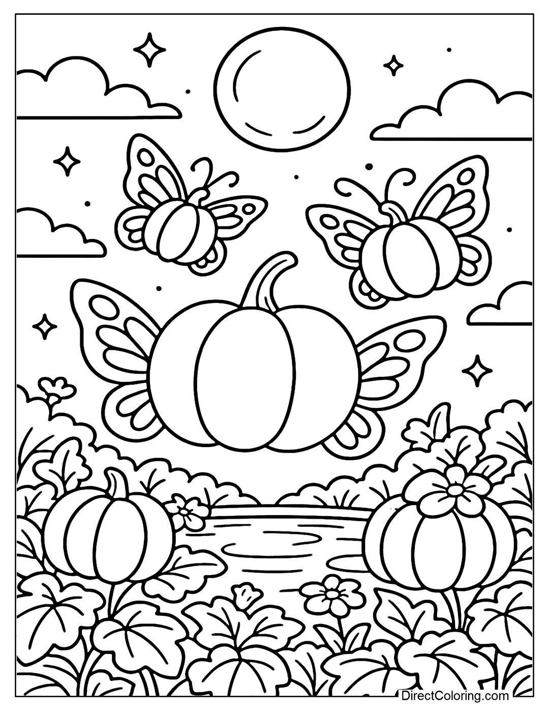 A blooming pumpkin garden coloring page, each pumpkin has a pair of colorful butterfly wings, fluttering around the lake reflecting the moonlight.