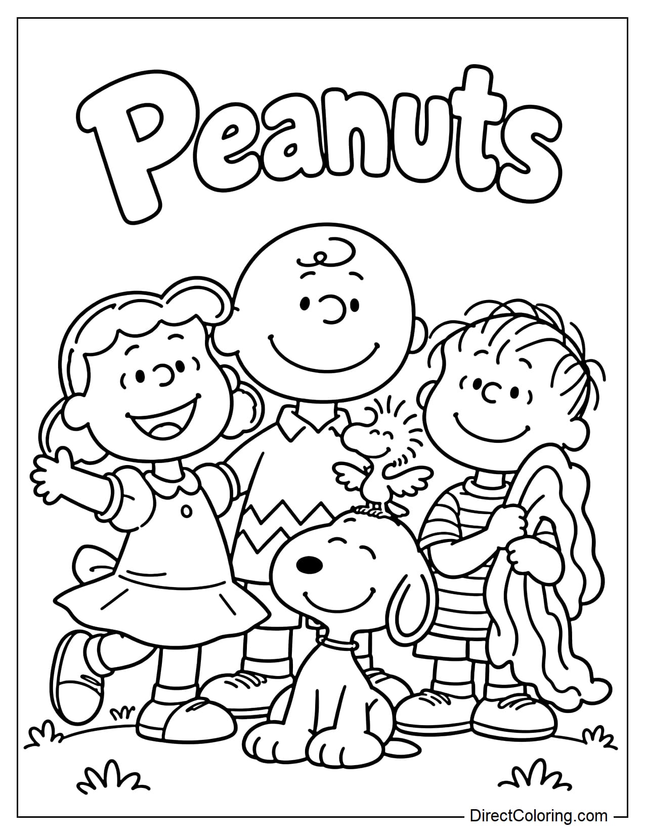 Charlie Brown, Snoopy, Woodstock, Lucy, and Linus pose together for a group picture. Charlie Brown, Lucy, and Linus stand in the back, while Snoopy sits in front with little Woodstock perched on his head.