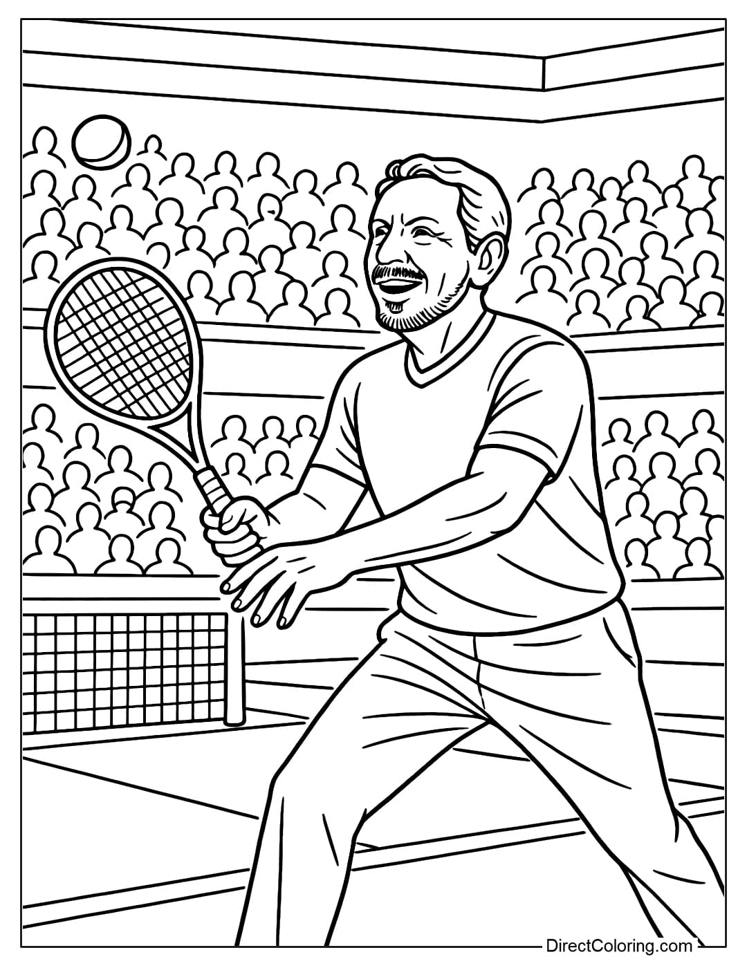 Larry Ellison Playing Tennis Coloring Page Larry Ellison playing tennis coloring page with a powerful swing, the ball flying quickly over the net.