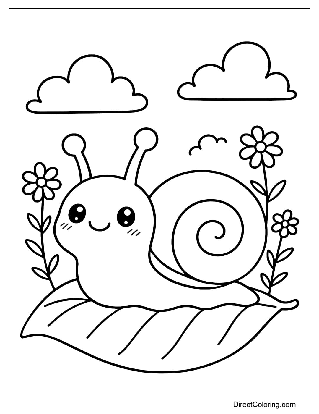 Coloring page Snail lying on a large leaf, the background is round clouds and some flowers.