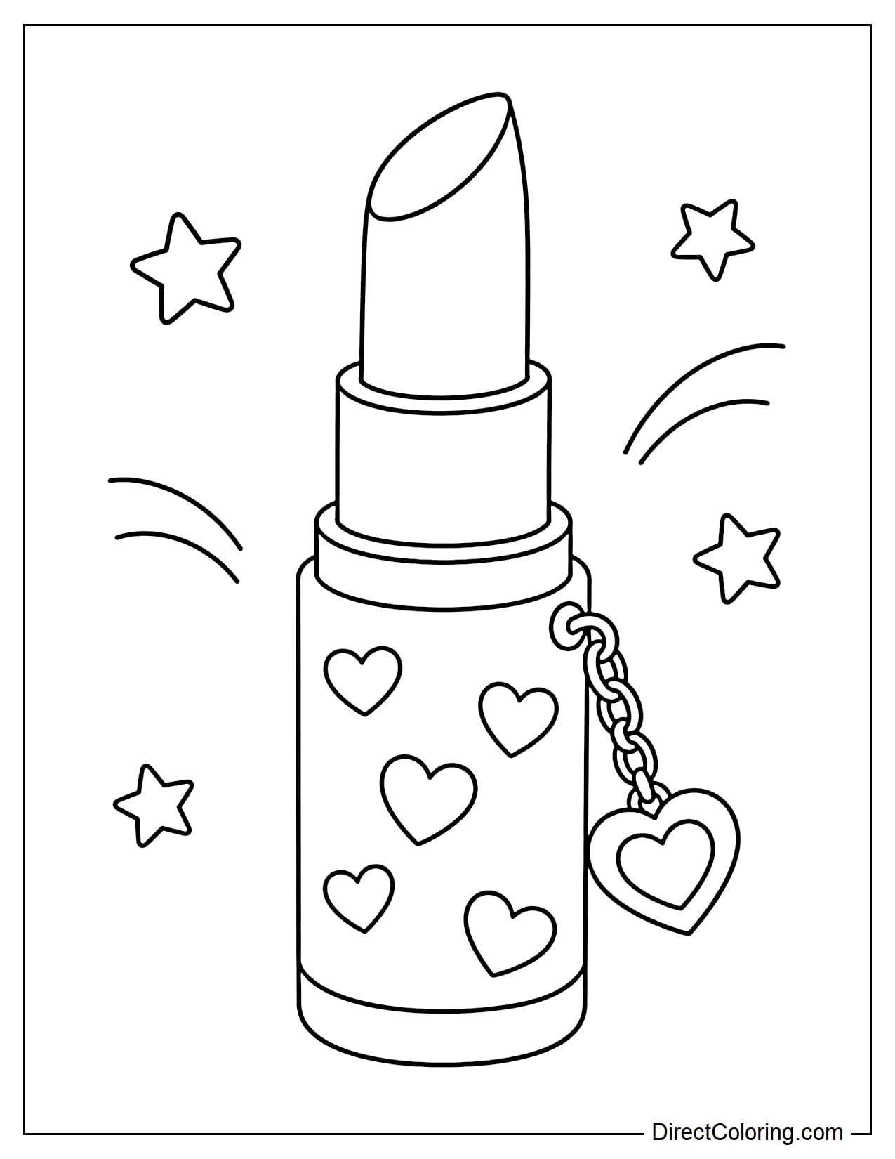 A large open lipstick with a small heart pattern on the tube and a cute dangling charm, surrounded by a few stars.