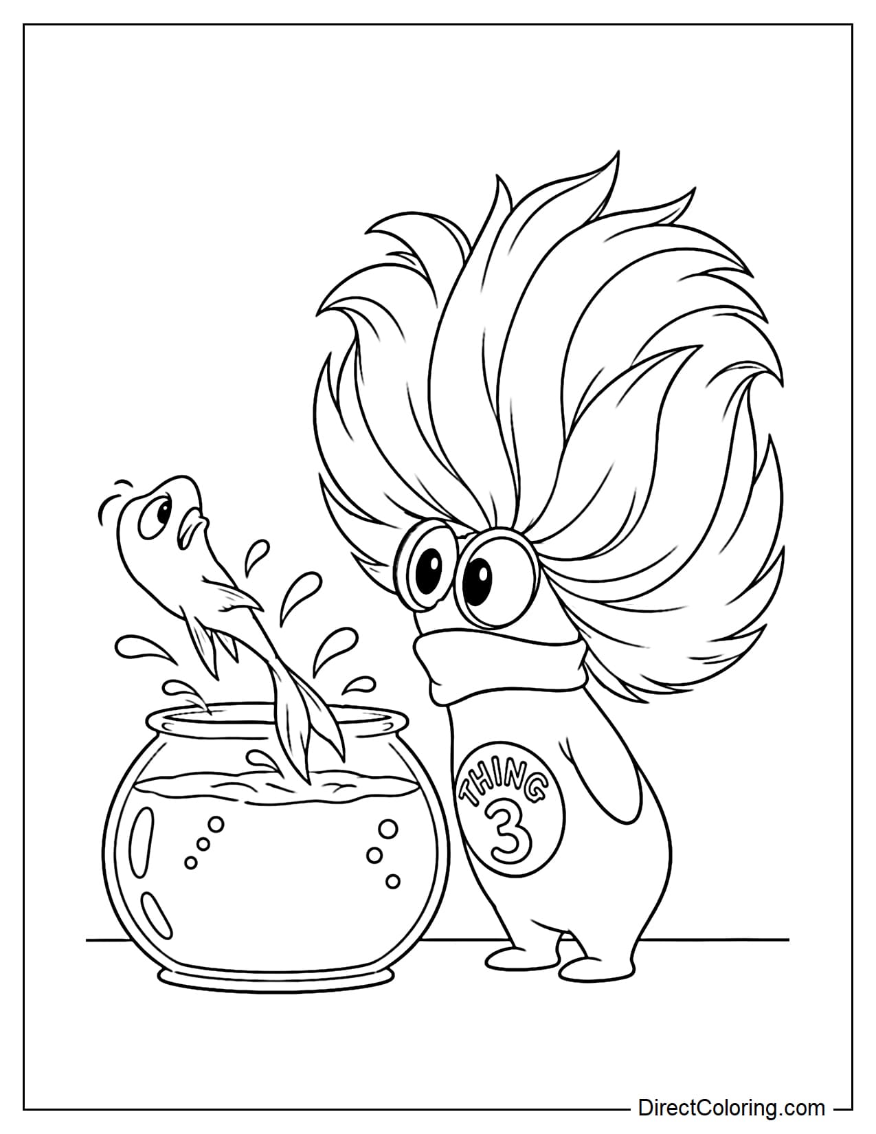 Thing 3 stands beside a large fishbowl, watching closely as the fish suddenly jumps out of the water.