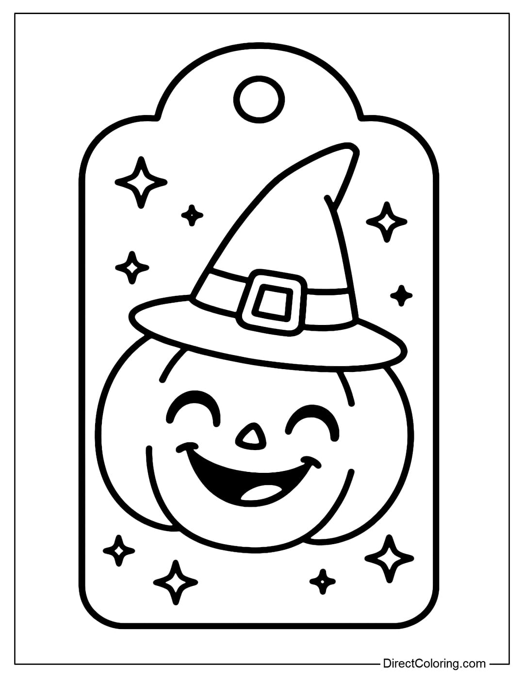 A Halloween candy tag coloring page with a lovely round pumpkin and a mischievous smiley face.