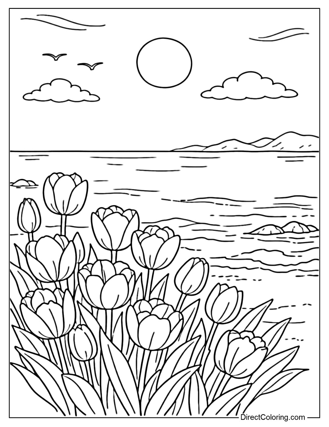 A coloring page featuring tulips blooming by the tranquil sea under a clear blue sky.
