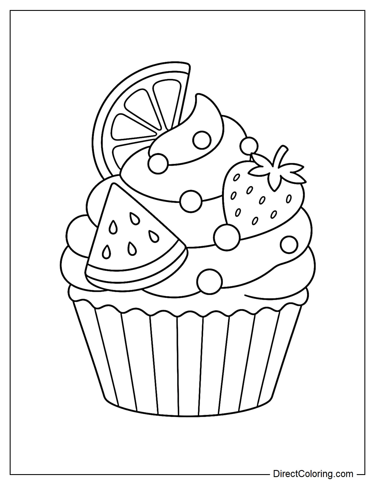 A cupcake with a frosting topping decorated with summer toppings like fruit slices and small round balls.
