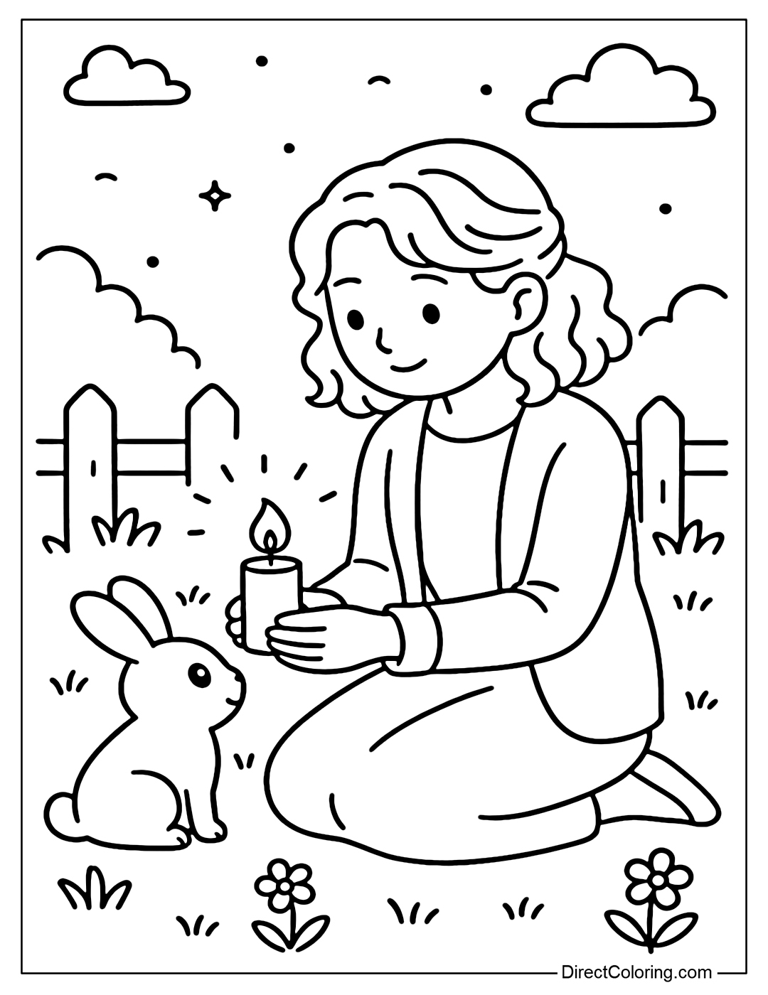 A coloring page of a girl giving a bright candle to a white rabbit, both of them looking at each other with gentle eyes, surrounded by young grass and wild flowers.