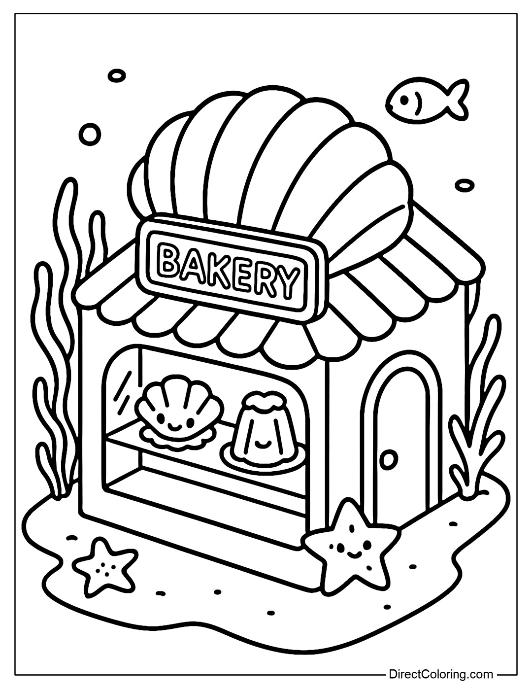 Coloring page of isometric seabed bakery, seashell roof, outside seaweed, starfish; baby fish swimming; inside the shop are seashell cakes, sea jelly on glass shelves.