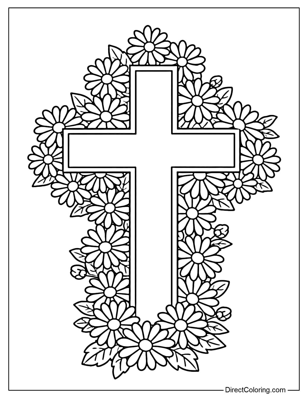 A cross coloring page decorated with many small daisies blooming around it, creating a cheerful feeling.