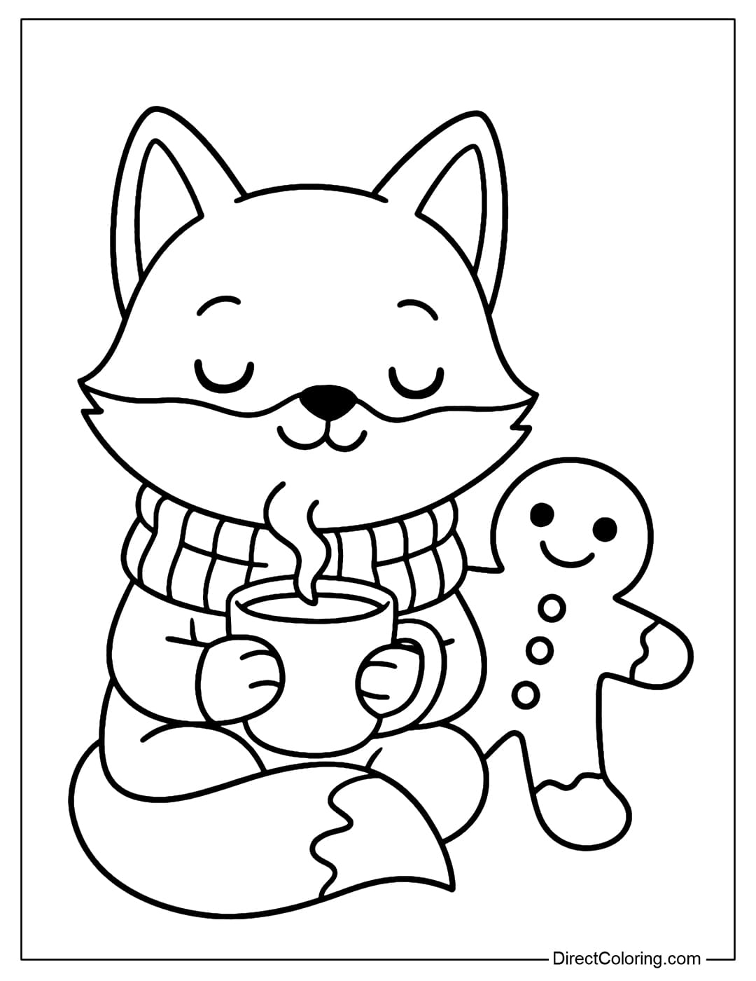 Coloring page of a baby fox wrapped in a scarf, sitting hugging a cup of hot cocoa, next to a gingerbread.