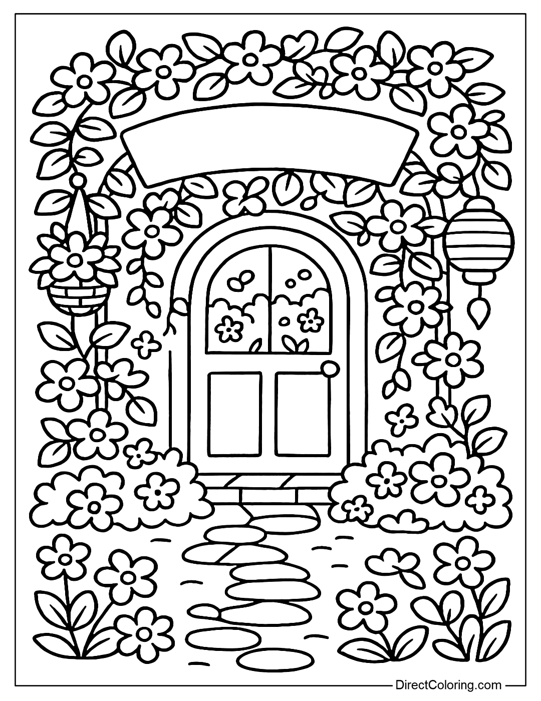 A gate to a small tea corner covered with blooming vines, with a small stone path, hanging flower baskets and paper lanterns.