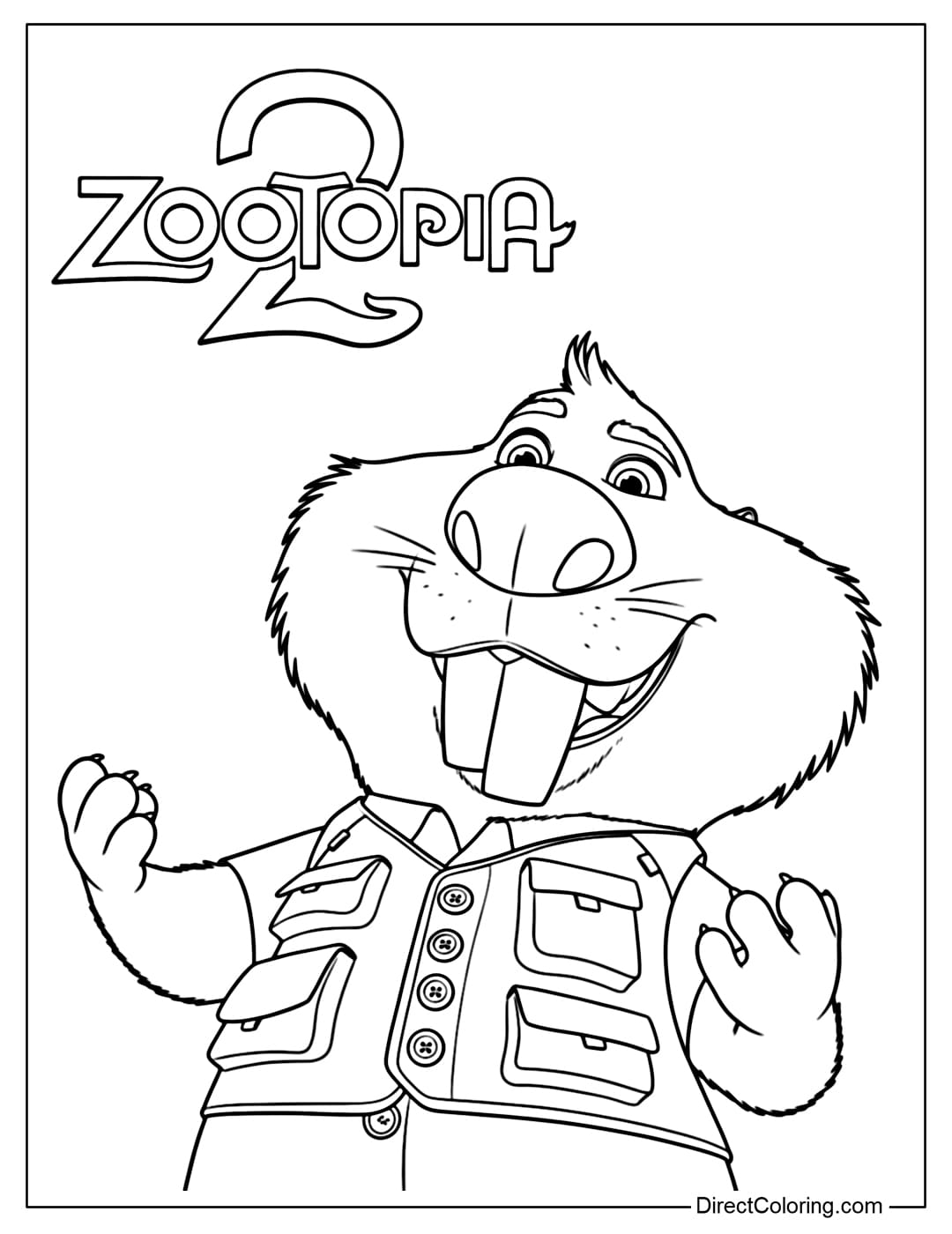Coloring page of Nibbles Maplestick with a bright smile, distinctive front teeth, and friendly gestures.