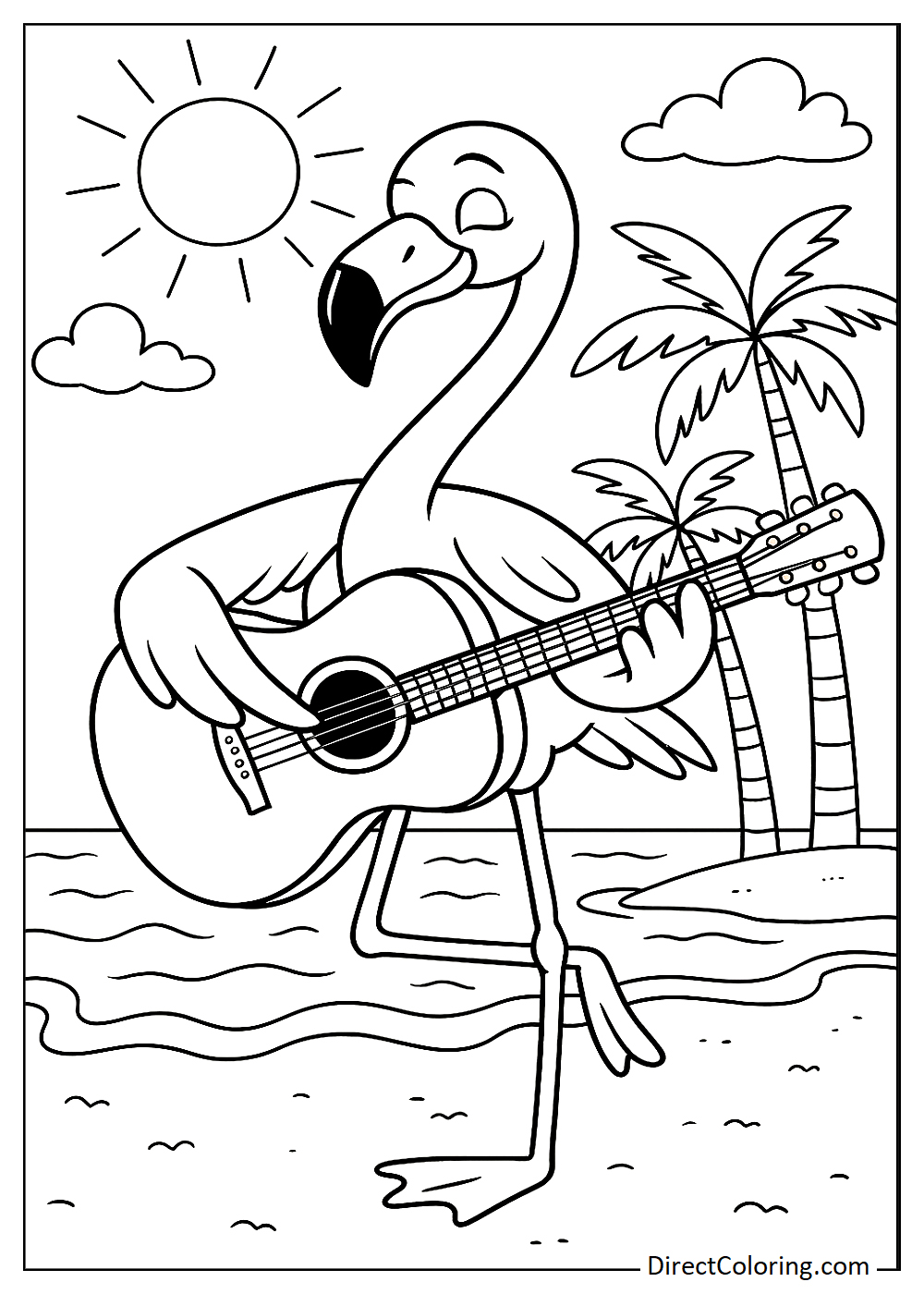 Flamingo playing the guitar coloring page