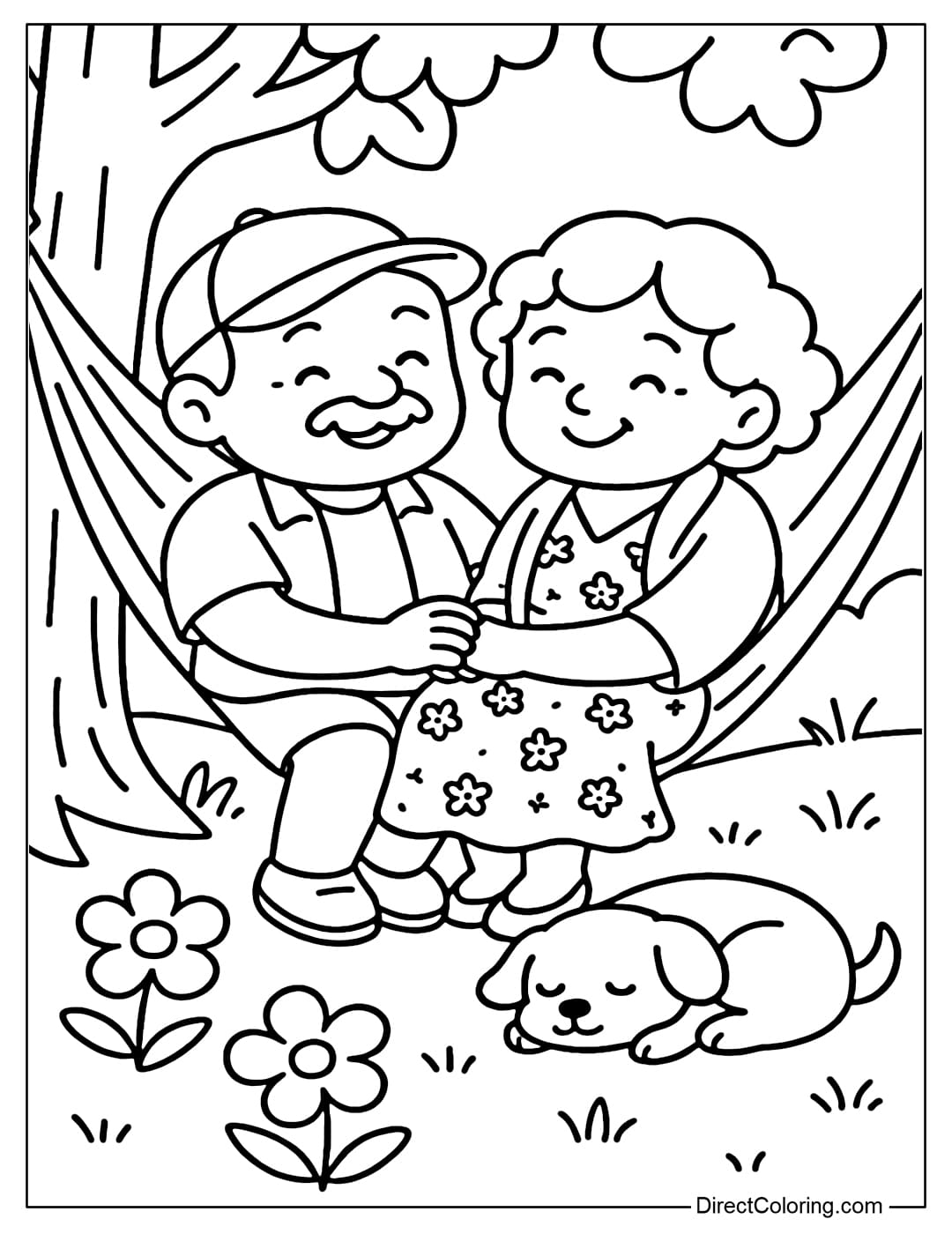 Coloring page of grandparents lying in a hammock under the shade of a tree, holding hands, with a small dog sleeping next to them.