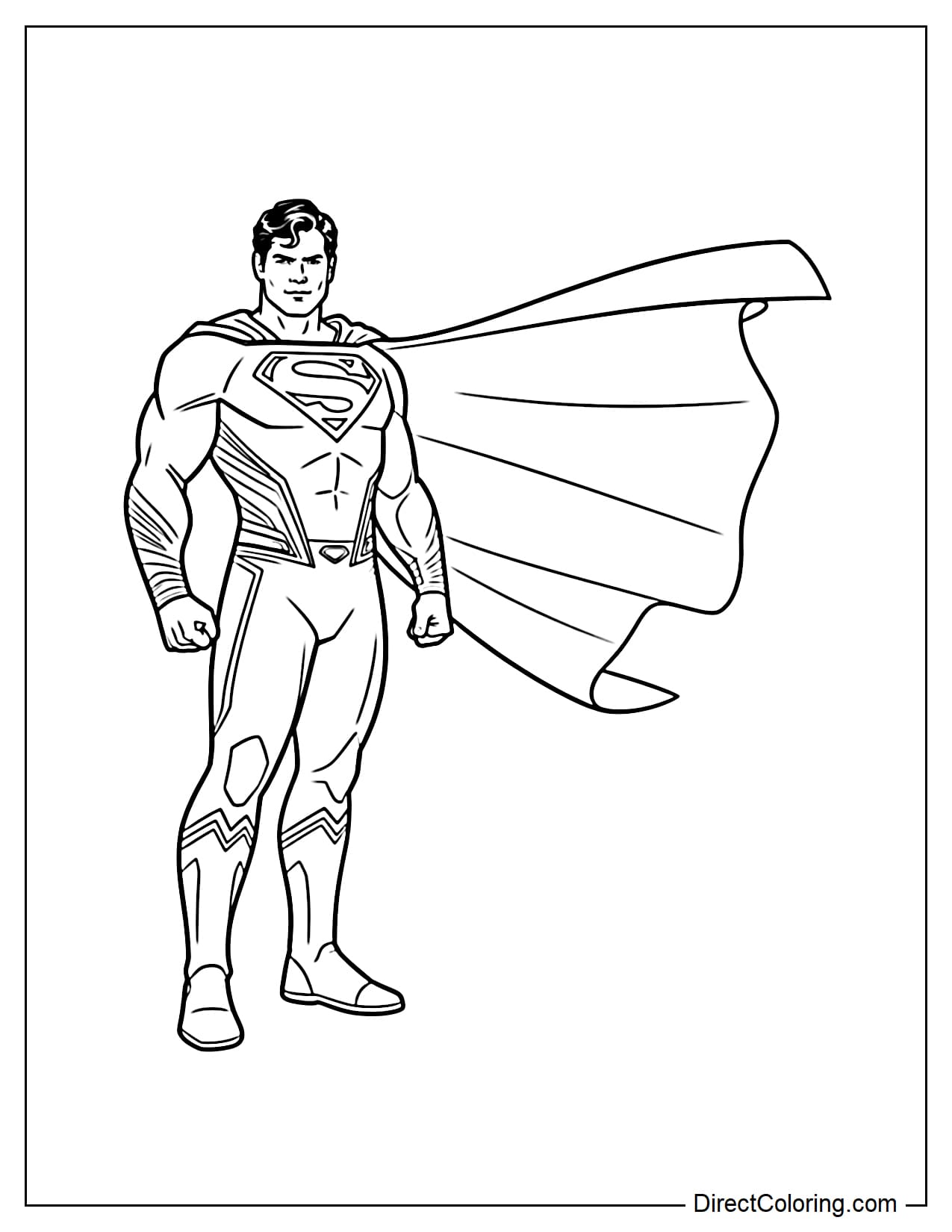 Coloring page of Superman standing in the wind, his cape flowing impressively behind him.