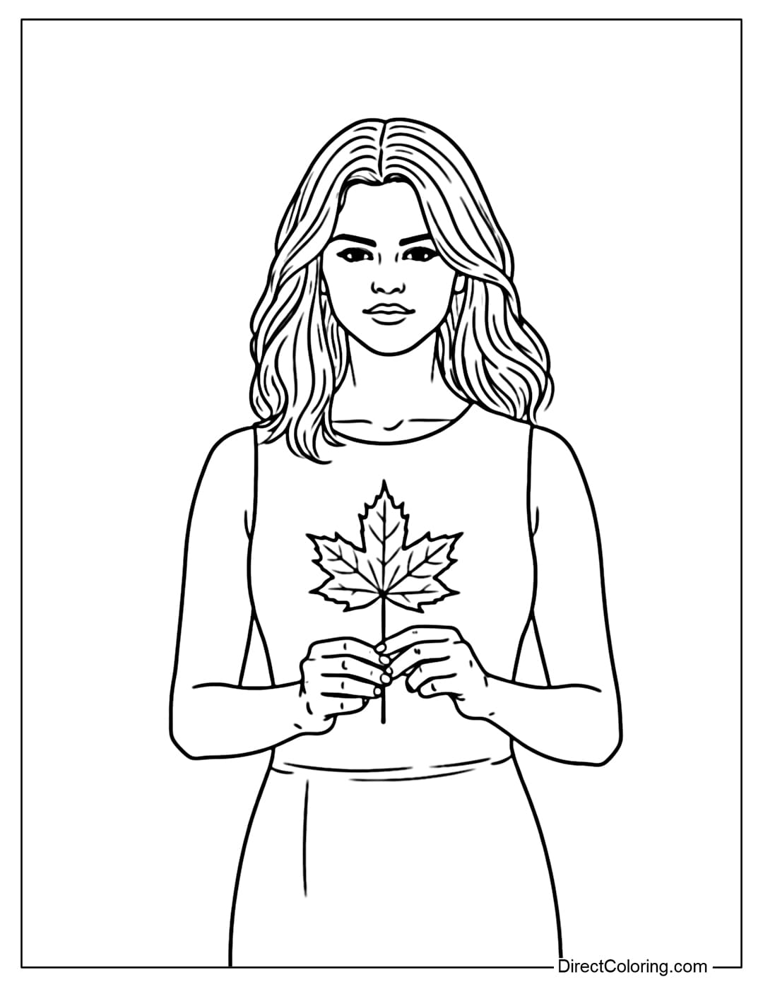 A coloring page of Selena Gomez holding a maple leaf, conveying a sense of peace and closeness to nature.