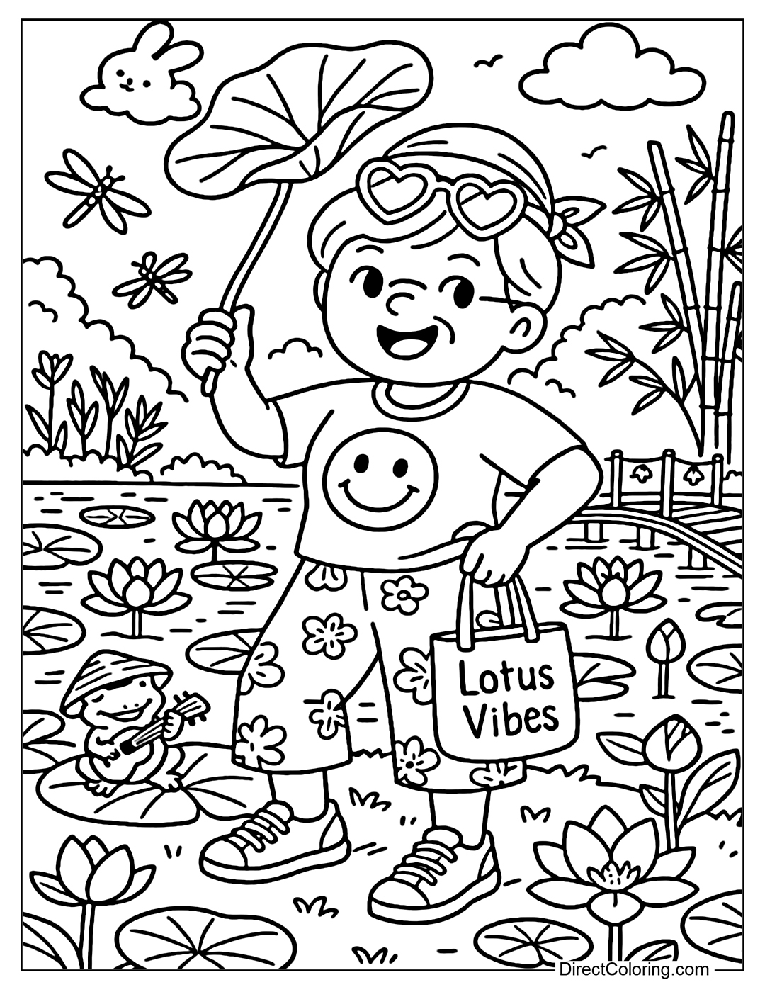 Coloring page Grandma by the lotus pond is full of vitality, one hand on her hip, the other hand holding up a large lotus leaf to block the sun like an umbrella, creating a very cool and funny pose.