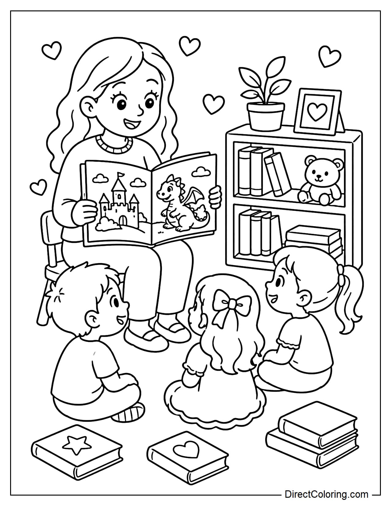 A female teacher is sitting on a small chair and opening a large storybook to read to three students sitting in front of her and listening carefully. Around them are a few books and a low bookshelf.