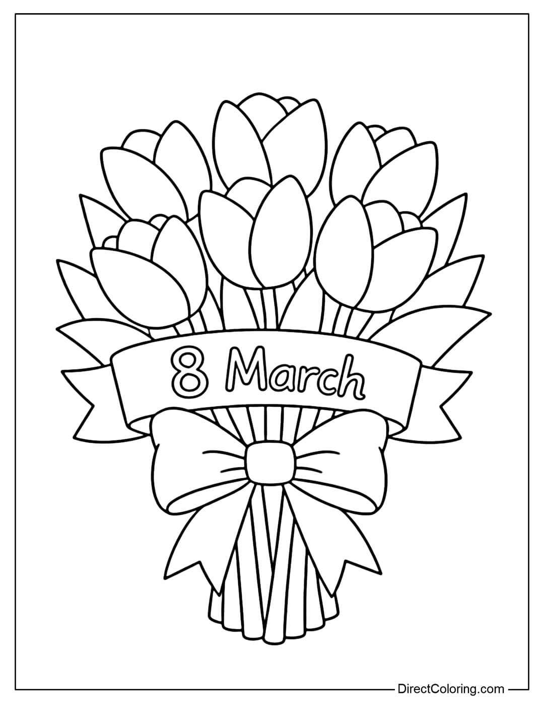 A coloring page with a tulip bouquet tied with a ribbon and the words 