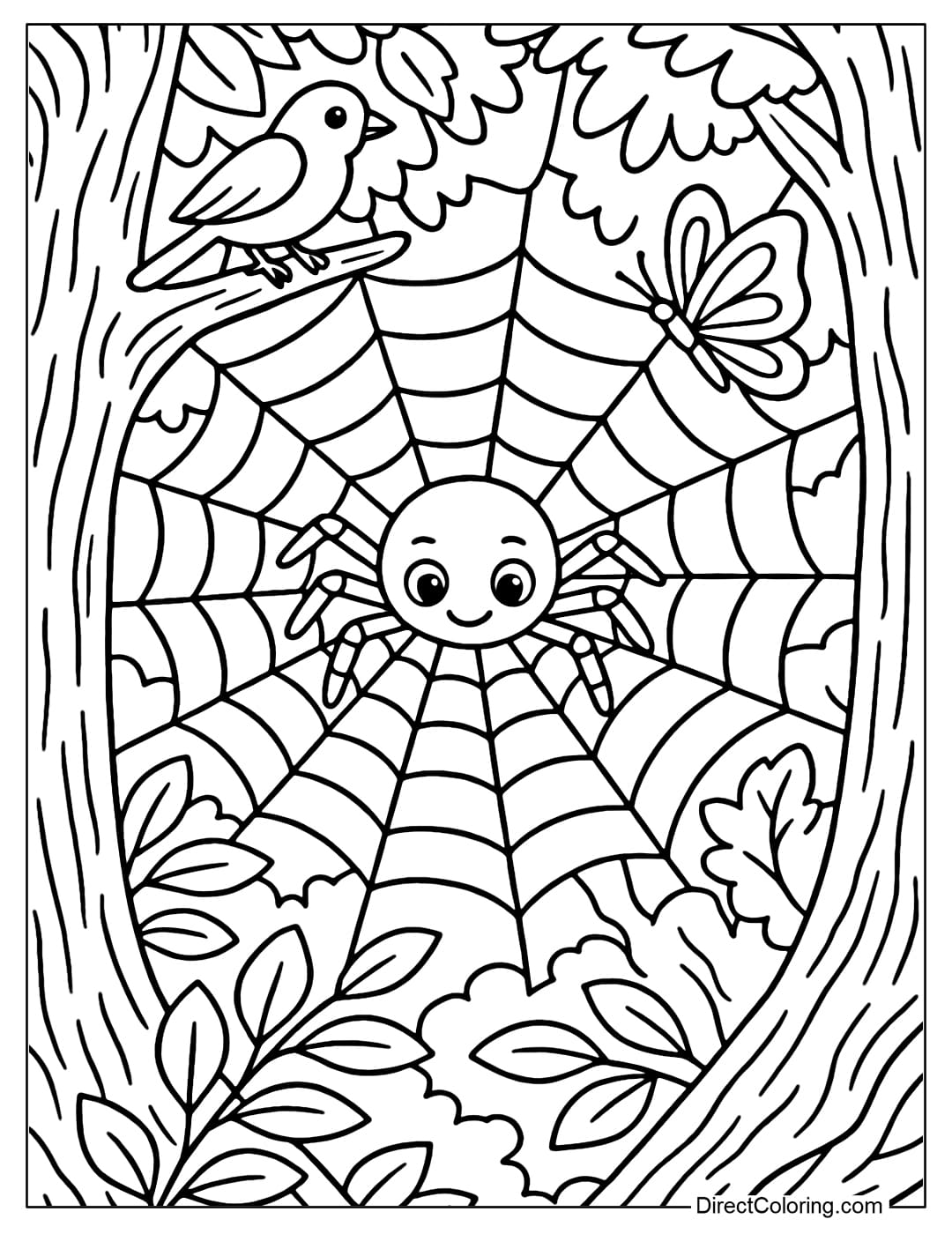 A giant spider web coloring page in an ancient forest, light shining through the leaves, a small spider sitting in the middle.