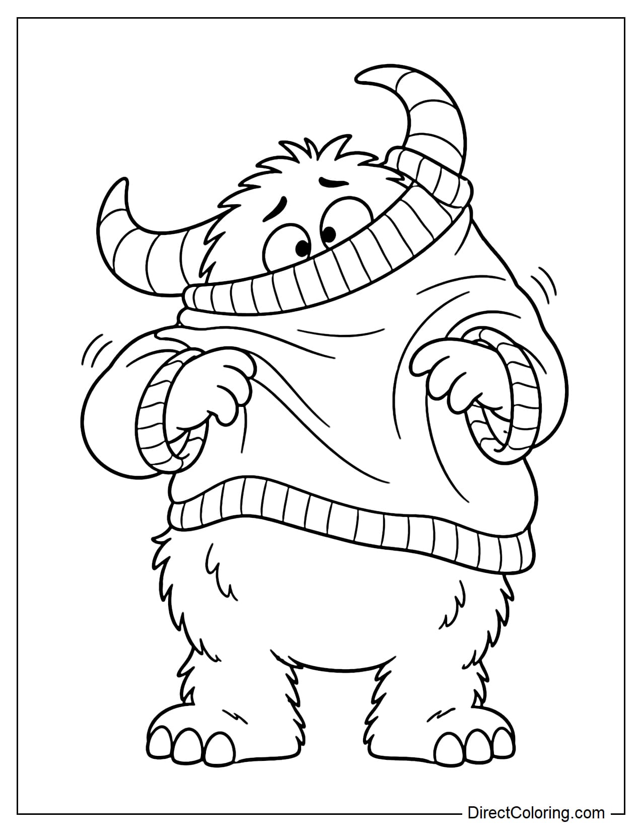 A two-horned monster gets its head stuck inside a large sweater, with one horn poking out through the wrong opening while both hands search for the sleeves.