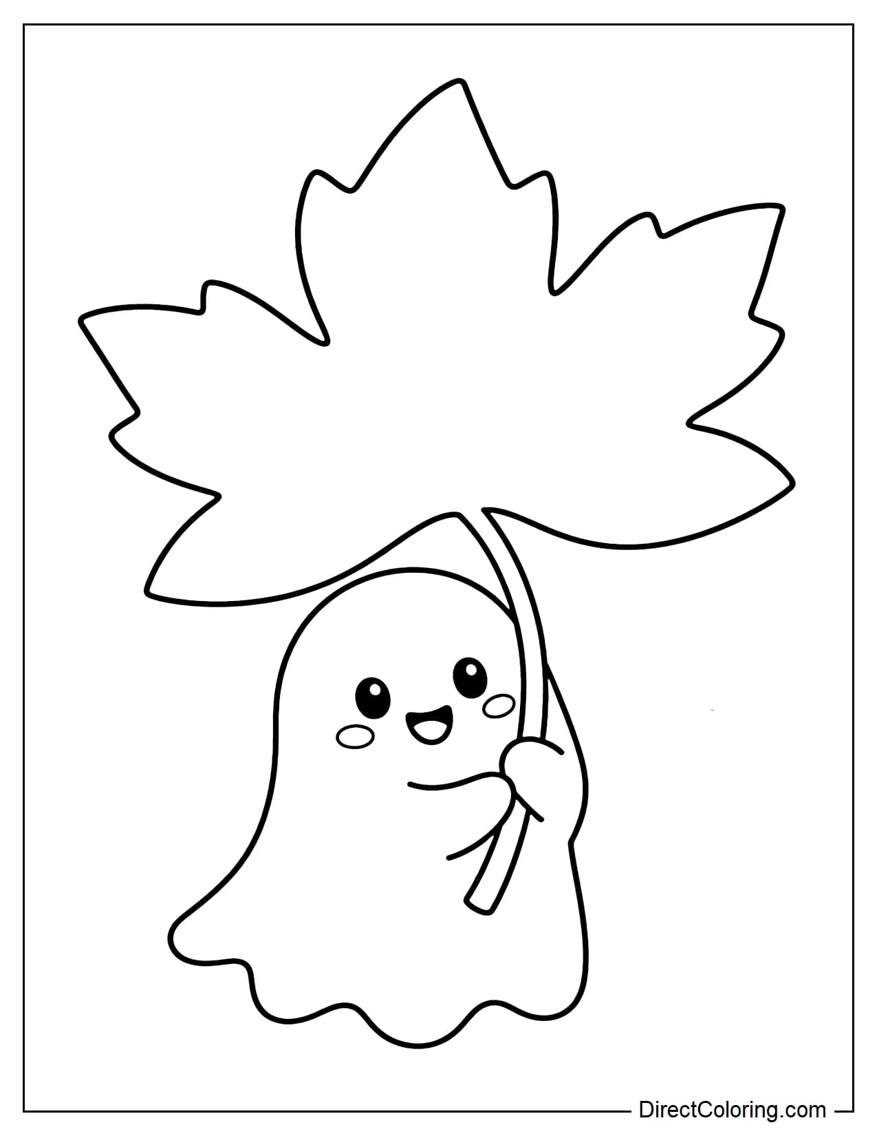 A small ghost holds a giant maple leaf above its head like an umbrella.
