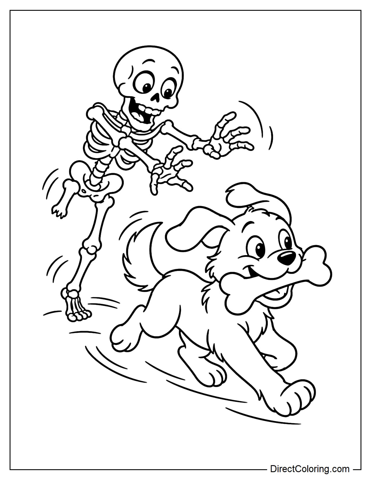 A playful dog is running ahead with a large bone in its mouth, while the skeleton behind it is missing part of one leg and hopping after the dog to get the bone back.&nbsp;
