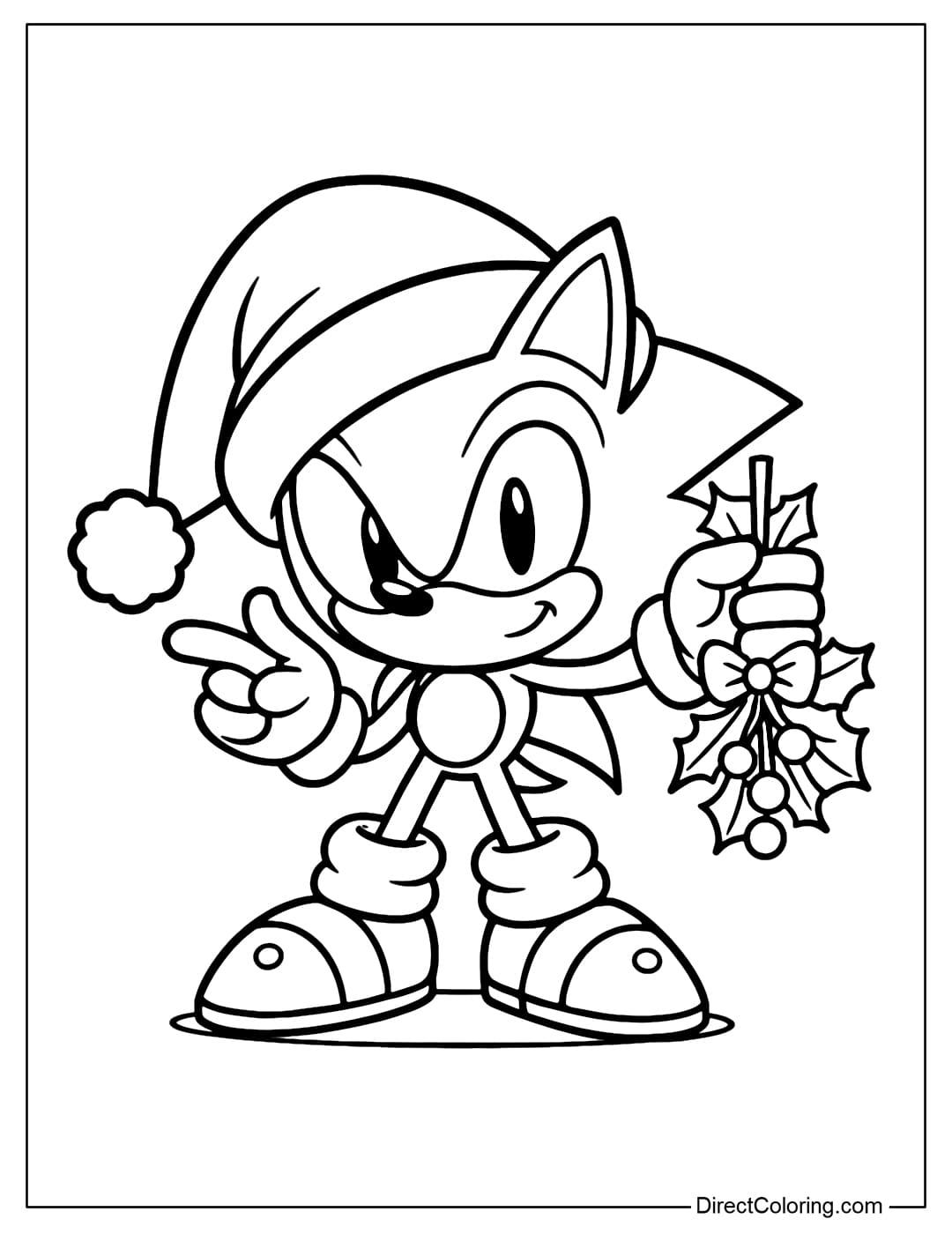 Coloring page Sonic wearing a Santa hat and holding a festive mistletoe bunch.