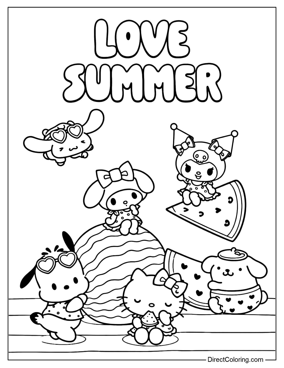 Coloring page featuring Sanrio characters enjoying the cool moments of a vibrant summer with watermelons and heart-shaped glasses.