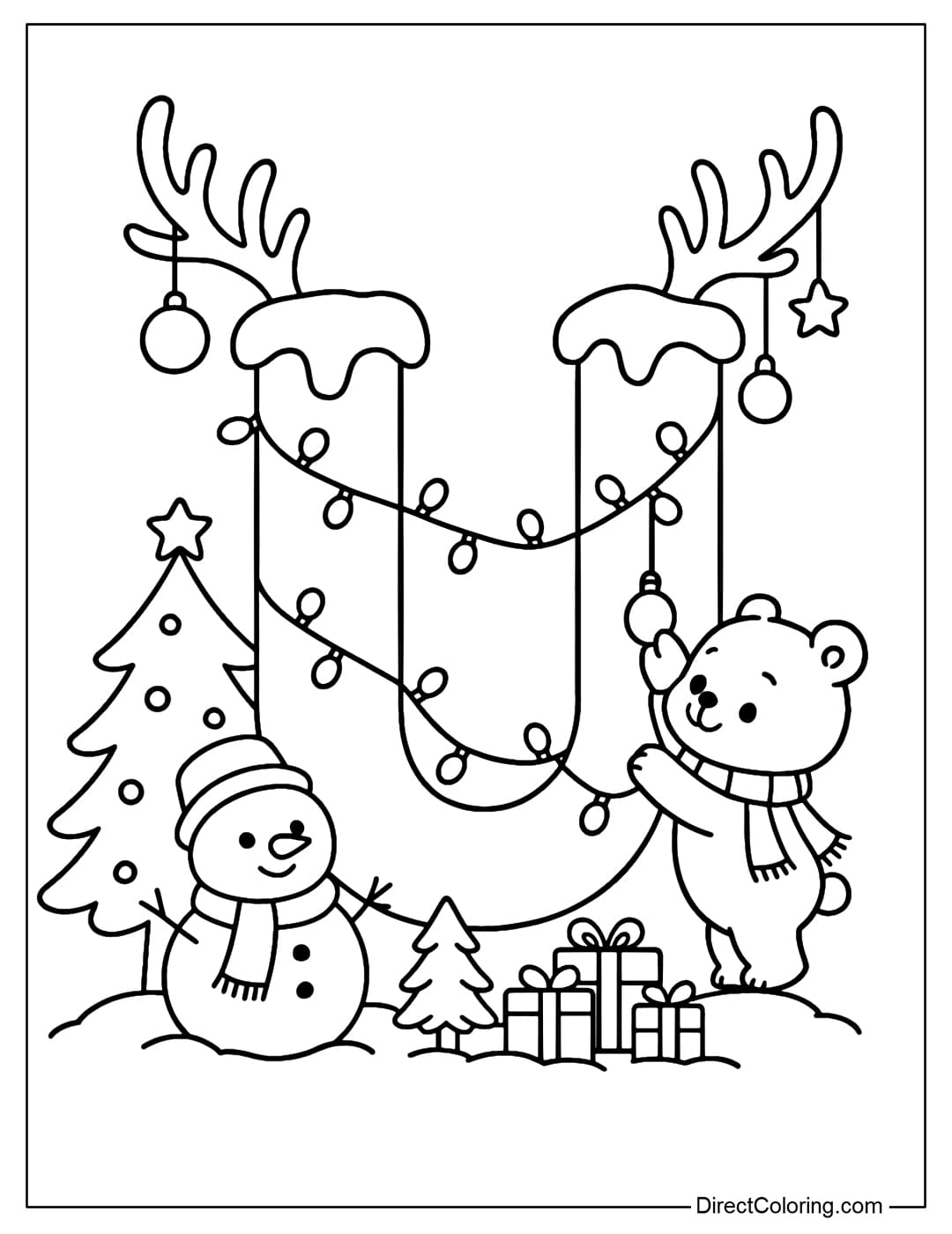 The Letter U Christmas coloring page is decorated with Christmas lights, reindeer antlers, and snow on top. There are Christmas trees, snowmen, baby bears, and some gift boxes.