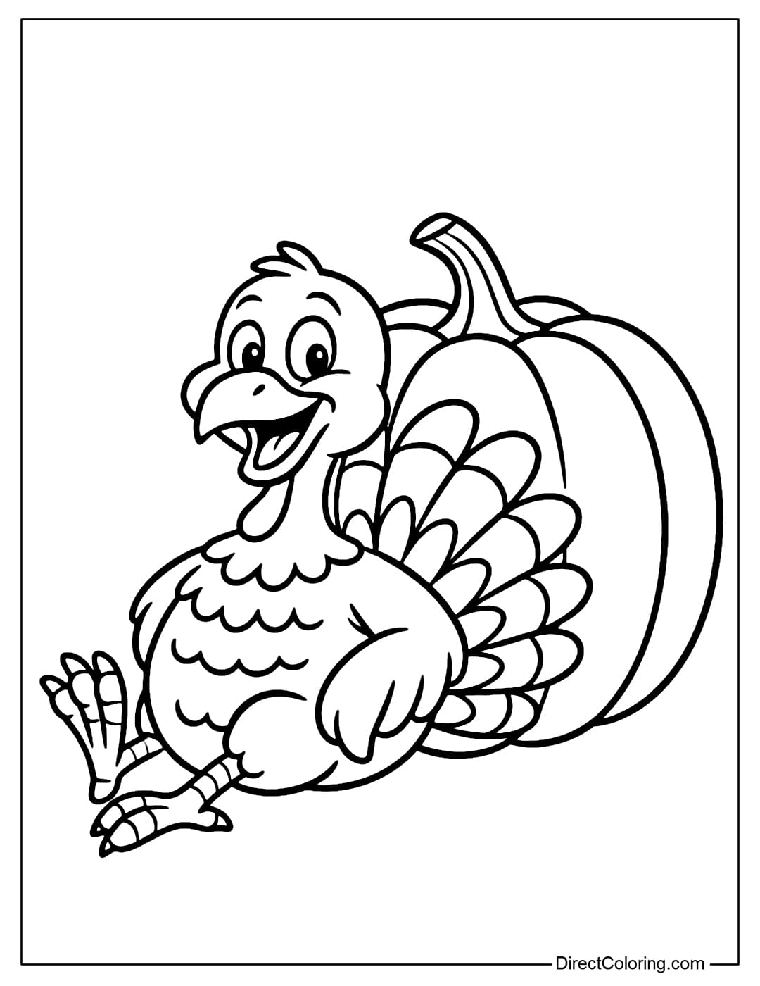 A turkey coloring page leaning against a giant pumpkin.