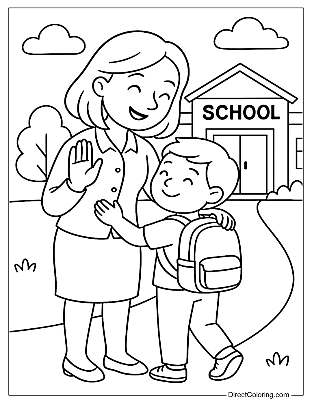 A coloring page of parents saying goodbye to their children going to school, waving and hugging each other.