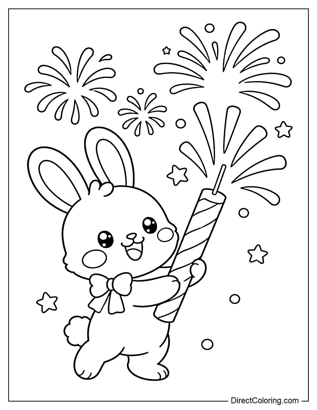 A small bunny happily holding a sparkler, behind it are several simple firework clusters and large sparks.