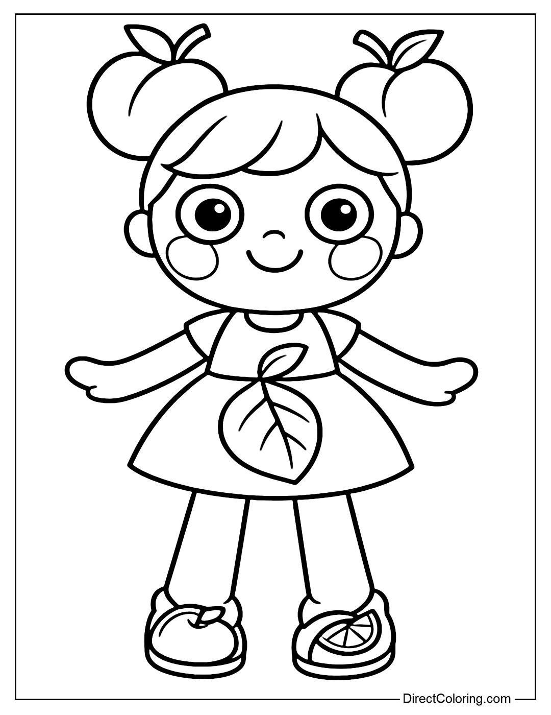 Pia doll coloring page with plump peach cheeks, peach-shaped hair on both sides of her head. She wears a simple leaf-shaped skirt, and fruit slippers on her feet.