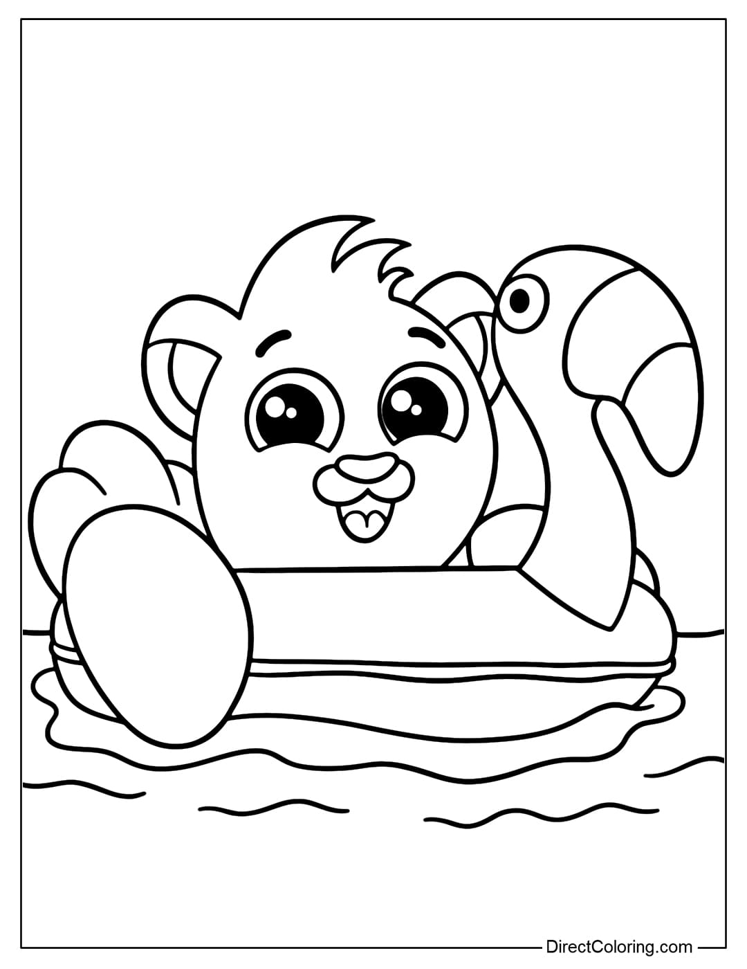 Coloring page of the lion Rick from Bolofofos happily swimming on a pink flamingo float.