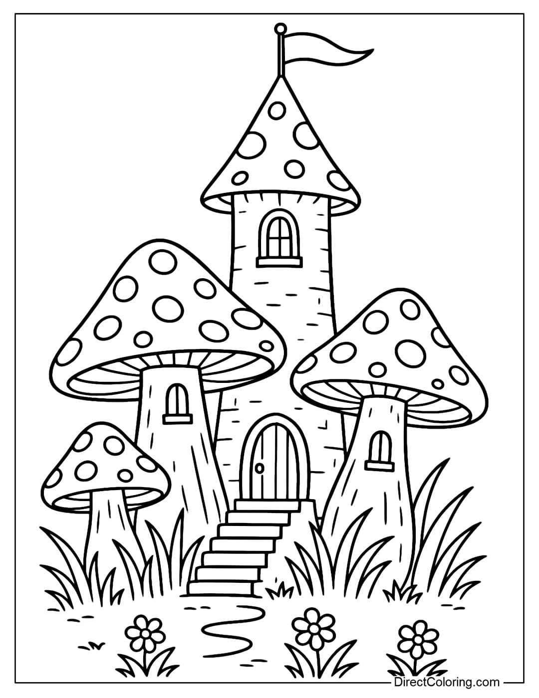 Mushroom Castle Coloring Page A coloring page of a giant mushroom castle, with a tall tower, stairs and fluttering flags.