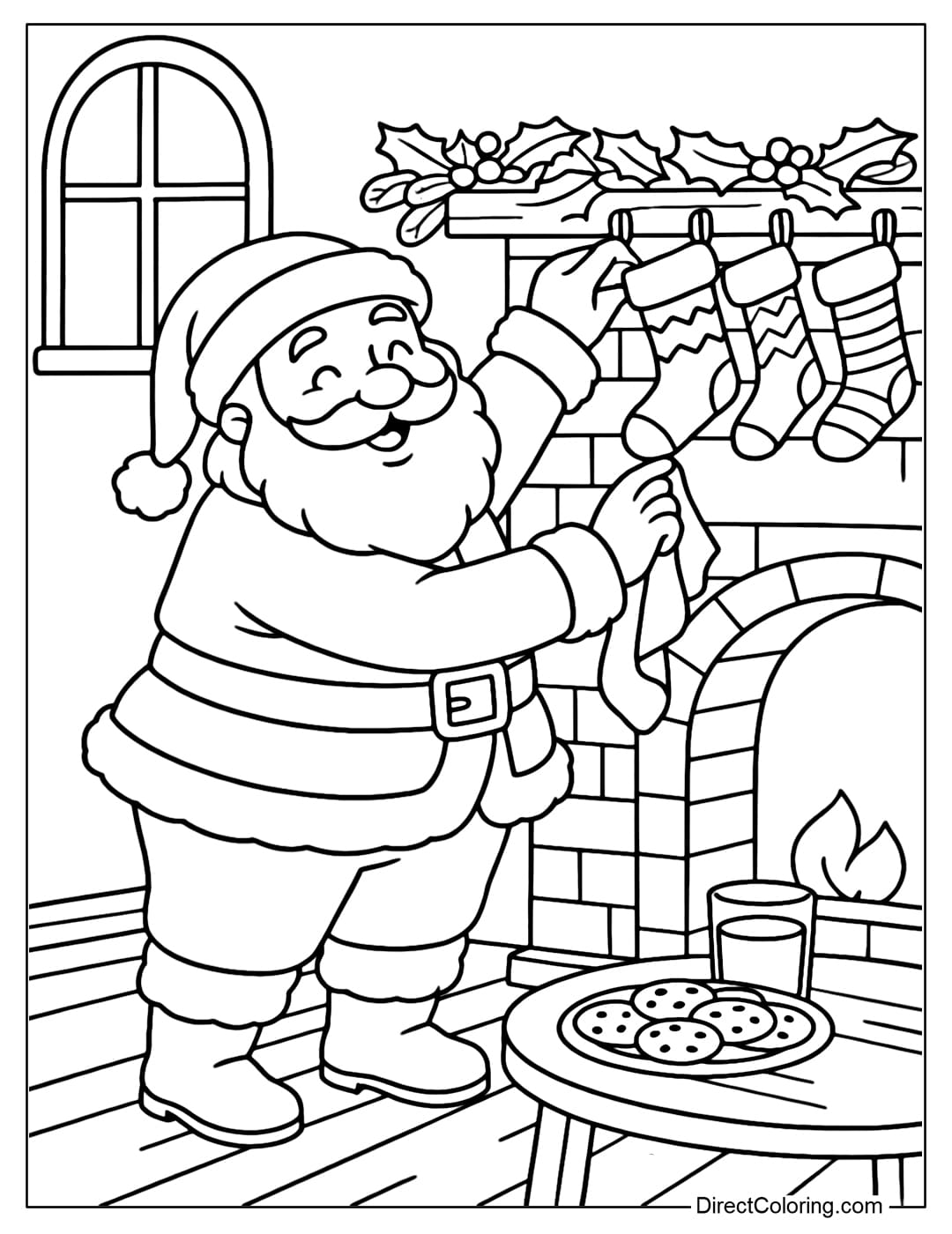 Santa Hanging Stockings Coloring Page Coloring page Santa is hanging the last stocking on the wall, a warm scene in the small house.