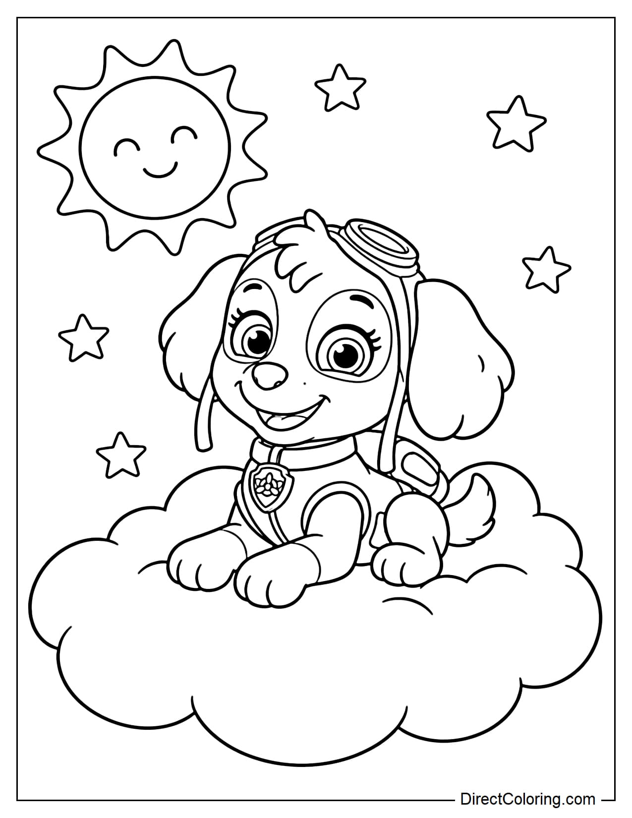 Skye relaxes on a large fluffy cloud with a smiling sun above and a few little stars around her.