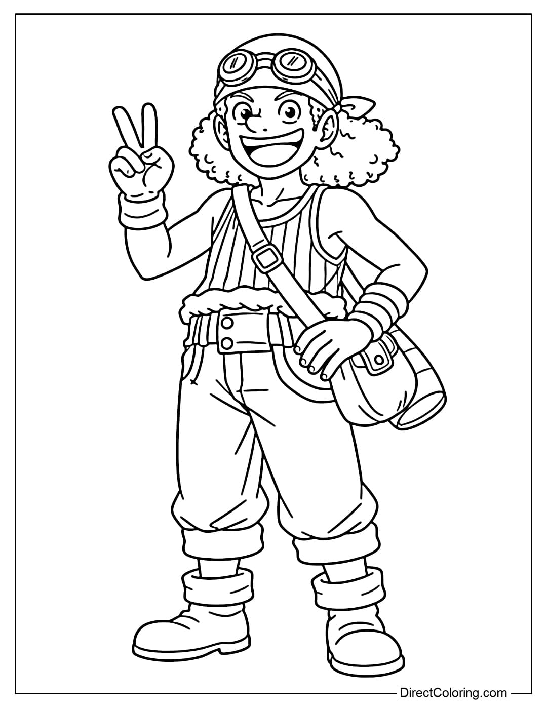 Usopp is wearing a striped tank top, loose protective pants, and goggles on his forehead, looking more confident and muscular. One hand is raising a V-sign for victory, and the other is holding the strap of his combat gear bag.