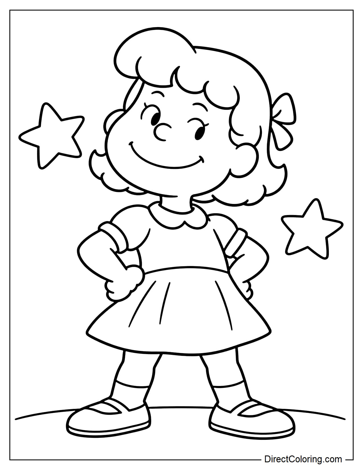 Lucy wears a simple dress and Mary Jane shoes, standing confidently with both hands on her hips and a cheerful smile.