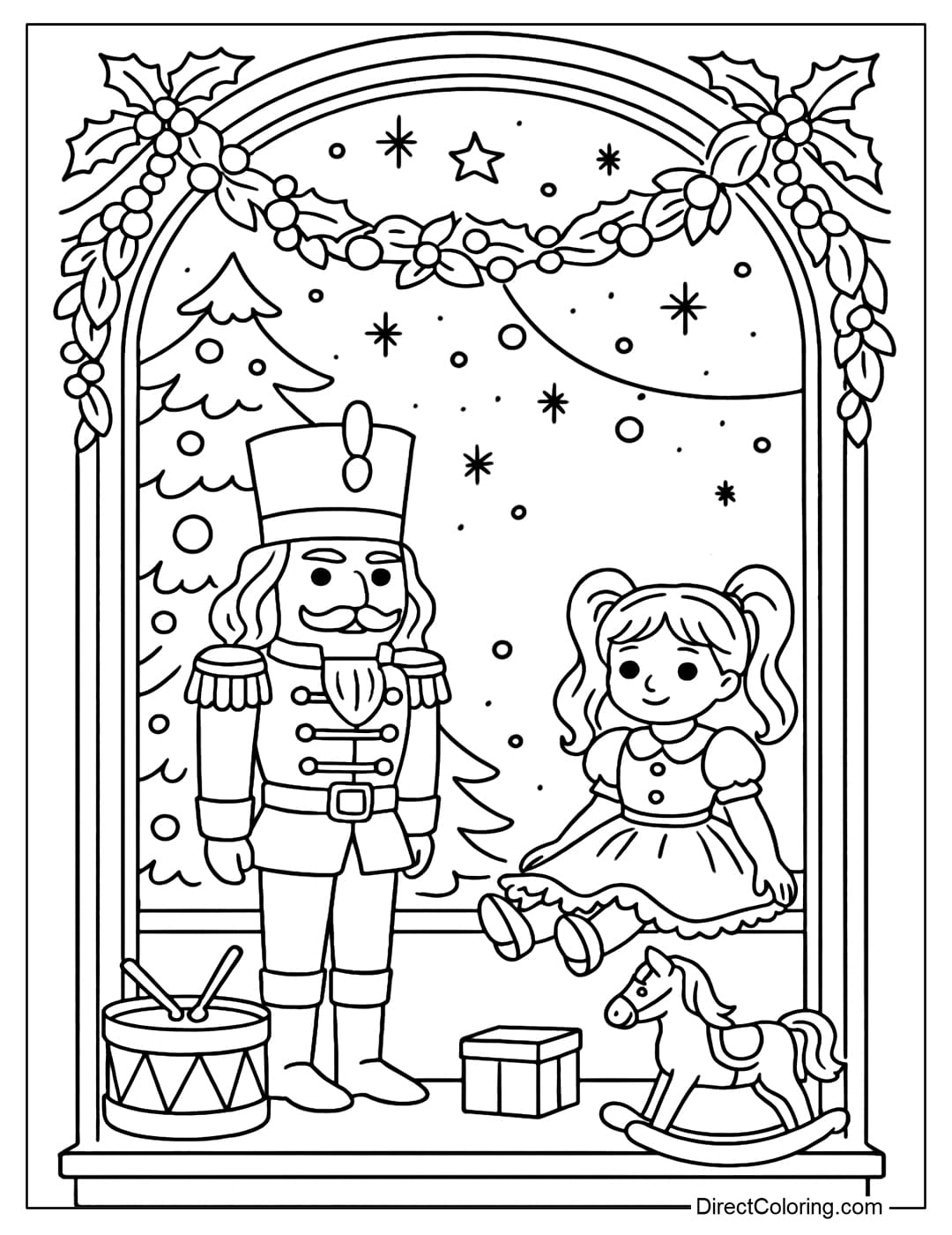 Nutcracker and Snowflake Fairy dancing in the window coloring page.