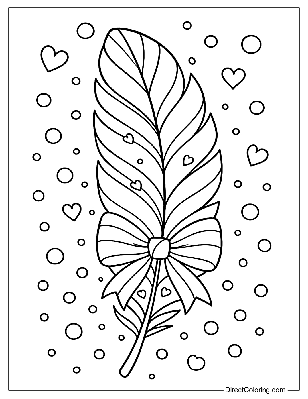 Feather coloring page with a rainbow bow tied in the middle of the body, around the feather are heart-shaped dew drops and floating bubbles.