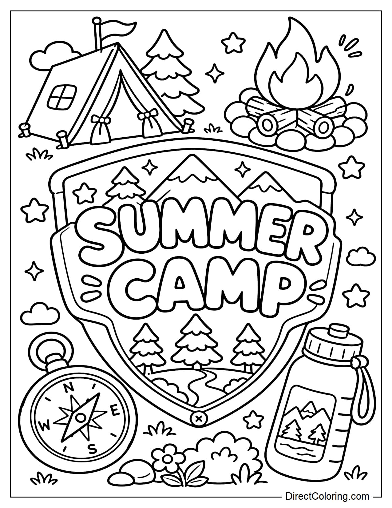 A large summer camp badge in the center, surrounded by symbols of a tent, campfire, pine tree, compass, and water bottle.