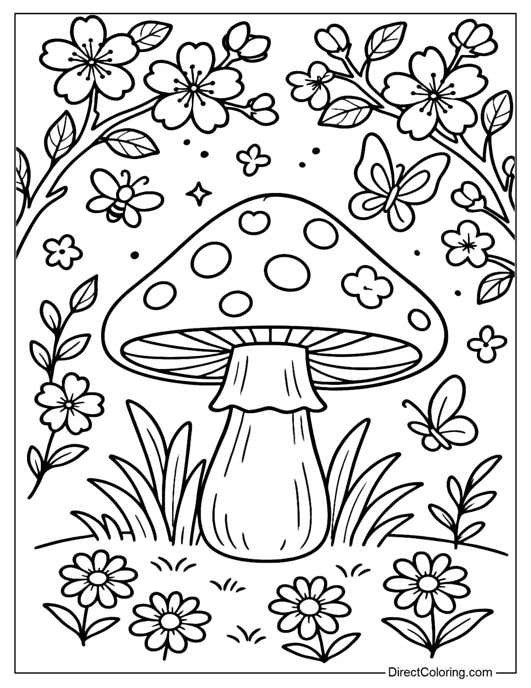 Spring Blossom Mushroom Coloring Page Coloring page of a mushroom in the middle of a spring scene, with blooming peach blossoms and flying bees and butterflies.