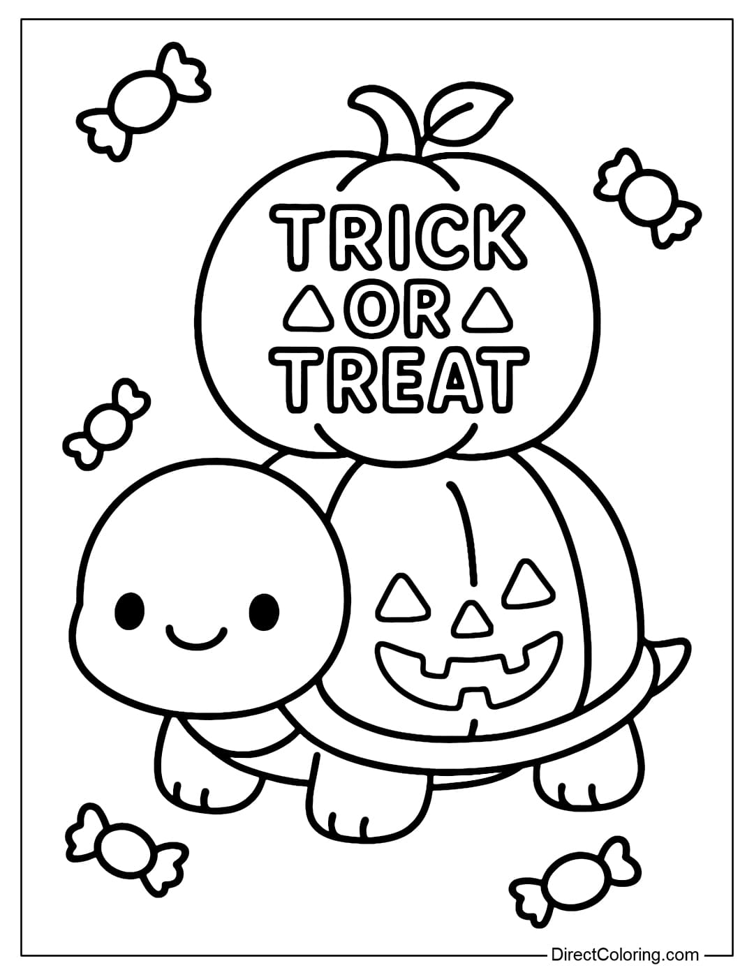 Coloring page of a little turtle with the word Trick or Treat written on it, and its shell decorated in the shape of a Halloween pumpkin.