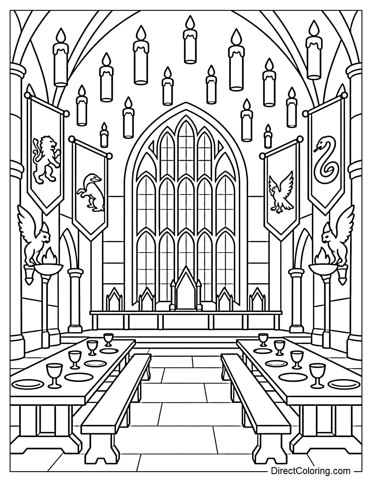 The Hogwarts Great Hall features two long, simple tables with many large candles floating overhead, tall windows at the end of the hall, and a few Hogwarts banners.