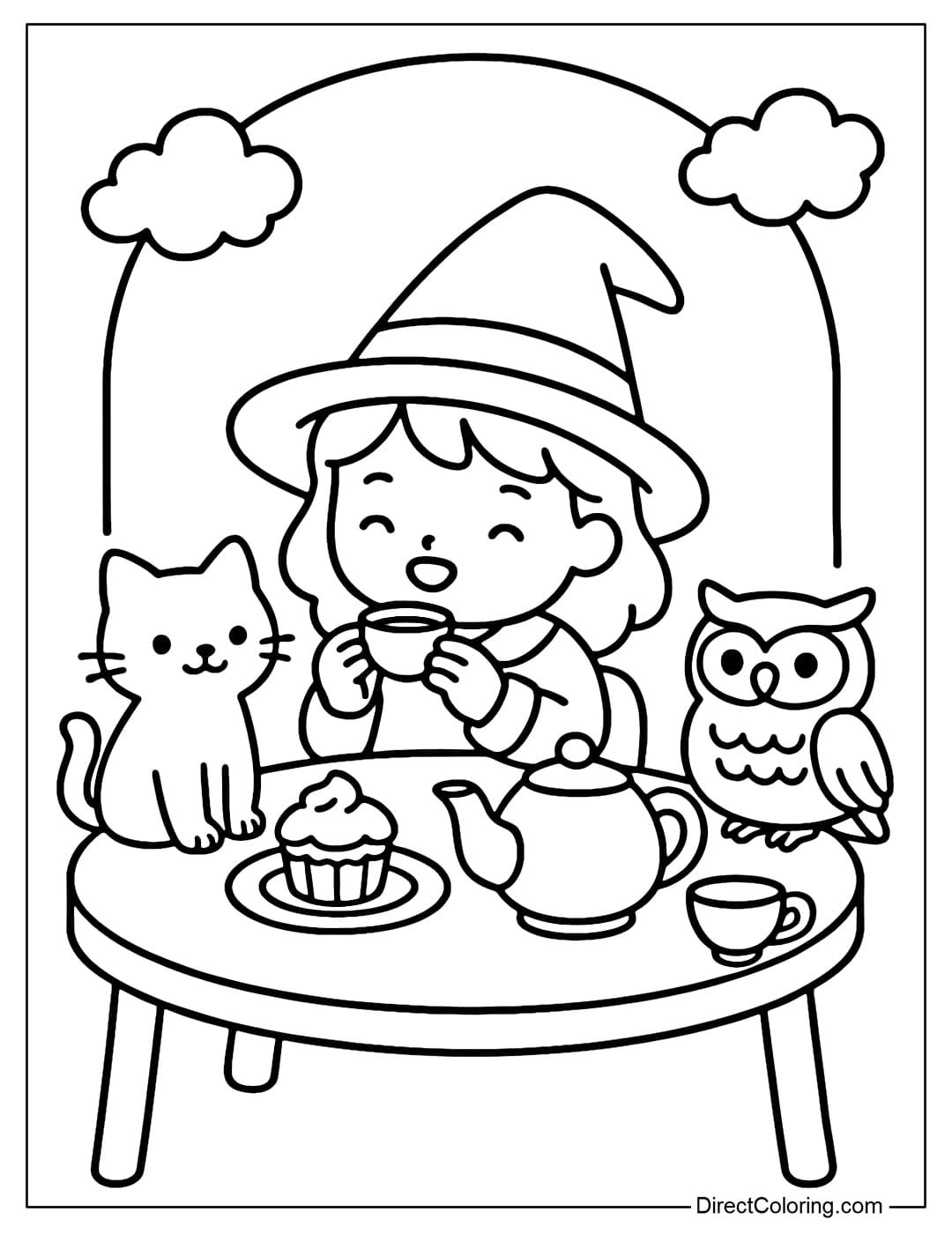 A coloring page of a cozy tea party, the little witch sits drinking tea with a black cat and an owl, on the table are cakes and a large teapot.