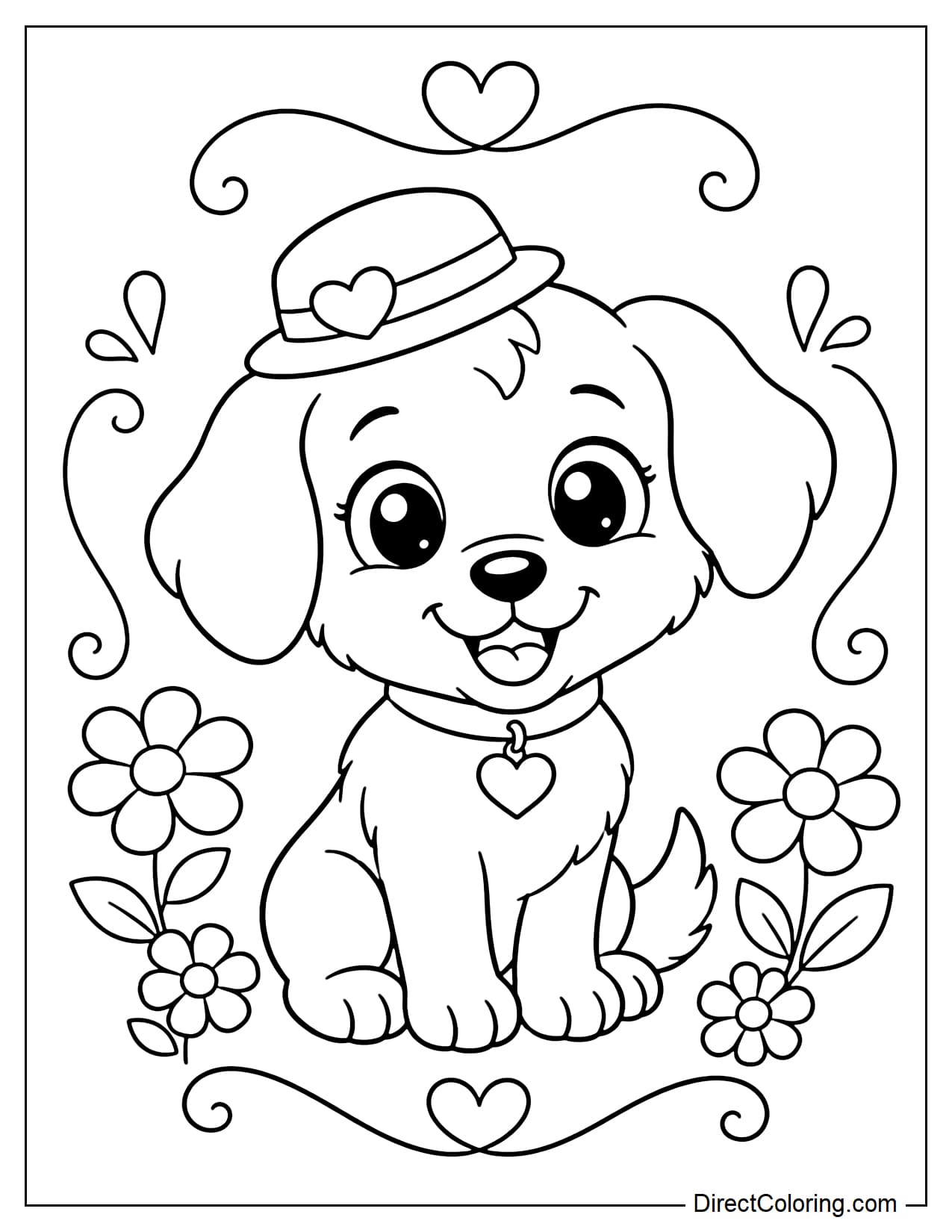 A cute little puppy wearing a tiny hat sits quietly with its big, round eyes and friendly expression, surrounded by some flowers.