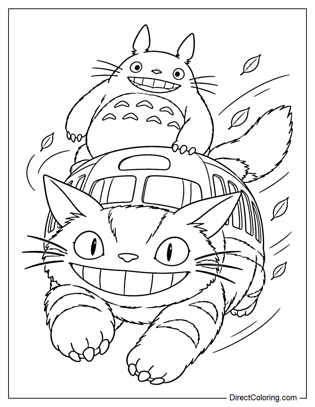 Catbus runs forward with Totoro sitting securely on top, one hand resting on Catbus's back as its ears and tail stream backward.