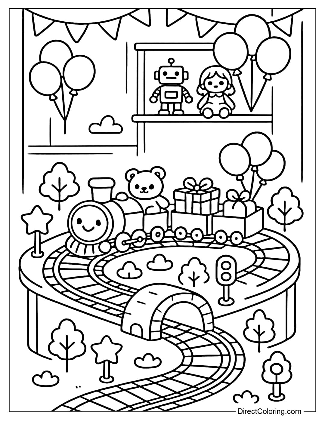 Toy Train Track Coloring Page A coloring page of a train running around the store, the tracks winding around gift boxes, a small bridge, and a mini palm tree.
