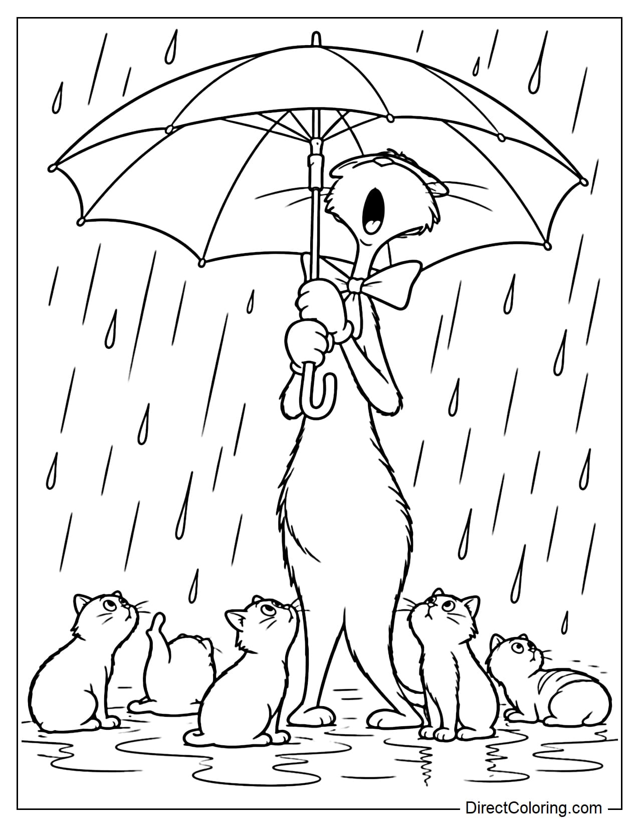 The Cat in the Hat stands tall in the rain holding a large umbrella overhead, looking slightly upward while several small cats sit close together beneath him and gaze up at the umbrella.